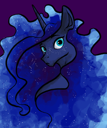 Size: 2500x3000 | Tagged: safe, artist:greyscaleart, derpibooru original, character:princess luna, species:alicorn, species:pony, constellation freckles, ethereal mane, female, freckles, galaxy mane, looking at you, mare, purple background, simple background, solo
