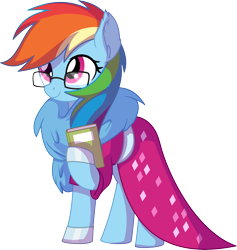 Size: 6585x6958 | Tagged: safe, artist:cyanlightning, character:rainbow dash, species:pegasus, species:pony, .svg available, absurd resolution, book, clothing, cute, dashabetes, dork, dress, ear fluff, feather, feather boa, female, glasses, mare, meganekko, nerd, rainbow dash always dresses in style, rainbow dork, simple background, smiling, solo, transparent background, vector