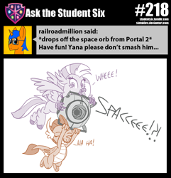 Size: 800x830 | Tagged: safe, artist:sintakhra, character:silverstream, character:smolder, species:classical hippogriff, species:dragon, species:hippogriff, tumblr:studentsix, personality core, portal (valve), portal 2, space, space core