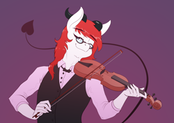Size: 3508x2480 | Tagged: safe, artist:underpable, oc, oc only, species:anthro, anthro oc, bow (instrument), clothing, commission, eyes closed, glasses, high res, incubus, playing, purple background, simple background, solo, violin
