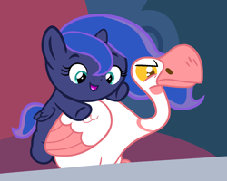 Size: 1600x1280 | Tagged: safe, artist:beavernator, character:princess luna, species:alicorn, species:bird, species:pony, episode:sparkle's seven, g4, my little pony: friendship is magic, animal, baby, baby pony, beavernator is trying to murder us, cute, duo, female, filly, foal, goose, luna petting goose, lunabetes, narrowed eyes, smiling, solo, woona, younger
