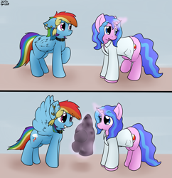 Size: 2451x2530 | Tagged: safe, artist:the-furry-railfan, character:rainbow dash, oc, oc:pressure limit, species:pony, choker, clothing, ear piercing, excited, hood, jewelry, lab coat, magic, piercing, rubber, sensory deprivation, spread wings, telekinesis, wingboner, wings