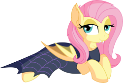 Size: 8028x5383 | Tagged: safe, artist:cyanlightning, character:flutterbat, character:fluttershy, species:bat pony, species:pegasus, species:pony, episode:scare master, g4, my little pony: friendship is magic, .svg available, absurd resolution, bat ears, bat ponified, cape, clothing, costume, fangs, female, flutterbat costume, looking at you, mare, nightmare night, nightmare night costume, prone, race swap, simple background, solo, transparent background, vector