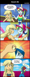 Size: 800x2020 | Tagged: safe, artist:uotapo, edit, character:applejack, character:rainbow dash, equestria girls:spring breakdown, g4, my little pony: equestria girls, my little pony:equestria girls, spoiler:eqg series (season 2), armpits, bait and switch, blushing, clothing, cowboy hat, female, freckles, geode of super speed, geode of super strength, hat, hypocrisy, japanese, magical geodes, open mouth, sea sickness, sleeveless, sweatband, translation, vomit, vomiting