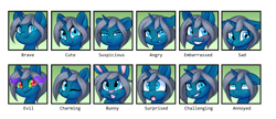 Size: 5926x2552 | Tagged: safe, artist:scarlet-spectrum, oc, oc only, oc:blue moon, species:pony, species:rabbit, species:unicorn, angry, annoyed, blushing, brave, bunny ears, crying, cute, embarrassed, emotions, evil grin, eyes rolling back, female, filly, floppy ears, gasp, grin, one eye closed, sad, simple background, smiling, solo, sombra eyes, surprised, suspicious, text, transformation, transparent background, wink