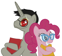 Size: 1724x1556 | Tagged: safe, artist:nathaniel hansen, artist:zacatron94, part of a set, character:discord, character:pinkie pie, species:pony, ship:discopie, alternate hairstyle, book, braces, dork, female, glasses, grin, male, mare, nerd pony, ponified, ponytail, shipping, simple background, smiling, stallion, straight, vector