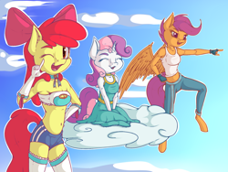 Size: 1600x1200 | Tagged: safe, artist:neko-me, character:apple bloom, character:scootaloo, character:sweetie belle, species:anthro, species:pegasus, species:pony, apple bloomers, bare shoulders, belly button, breasts, busty apple bloom, busty scootaloo, busty sweetie belle, clothing, cloud, cutie mark crusaders, ear fluff, eyes closed, female, fingerless gloves, gloves, midriff, older, older apple bloom, older scootaloo, older sweetie belle, on a cloud, one eye closed, tank top, tube top, wing fluff, wink