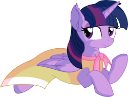 Size: 7279x5496 | Tagged: safe, artist:cyanlightning, character:twilight sparkle, character:twilight sparkle (alicorn), species:alicorn, species:pony, episode:sweet and elite, g4, my little pony: friendship is magic, .svg available, absurd resolution, birthday dress, clothing, dress, ear fluff, female, looking back, mare, prone, simple background, smiling, solo, transparent background, vector