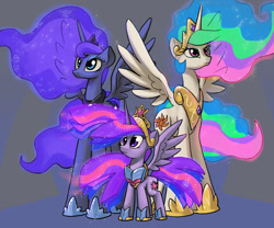 Size: 1200x1000 | Tagged: safe, artist:docwario, character:princess celestia, character:princess luna, character:twilight sparkle, character:twilight sparkle (alicorn), species:alicorn, species:pony, big crown thingy, color porn, element of magic, ethereal mane, female, jewelry, mare, regalia, ultimate twilight