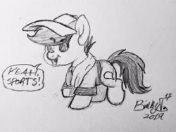 Size: 2864x2148 | Tagged: safe, artist:binkyt11, derpibooru original, character:quibble pants, species:earth pony, species:pony, episode:common ground, g4, my little pony: friendship is magic, beanbrows, chibi, dialogue, eyebrows, male, monochrome, signature, solo, speech bubble, sports, stallion, that was fast, traditional art