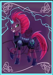Size: 590x832 | Tagged: safe, artist:jowyb, character:tempest shadow, species:pony, species:unicorn, armor, broken horn, commission, convention:griffish isles, female, griffish isles, horn, looking at you, mare, obtrusive watermark, watermark