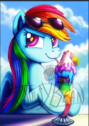 Size: 590x832 | Tagged: safe, artist:jowyb, character:rainbow dash, species:pegasus, species:pony, drinking straw, female, food, looking at you, looking sideways, mare, obtrusive watermark, signature, solo, sundae, sunglasses, watermark