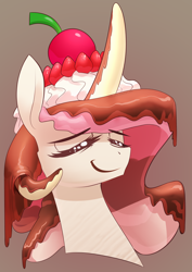 Size: 2480x3508 | Tagged: safe, artist:underpable, character:princess celestia, species:pony, banana, candy, candy pony, cherry, chocolate, eyes closed, female, food, food pony, ice cream, original species, ponified, smiling, strawberry, sundae, whipped cream