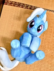 Size: 768x1024 | Tagged: safe, artist:nekokevin, character:trixie, species:pony, species:unicorn, cute, diatrixes, female, hooves together, irl, looking at you, lying down, mare, on back, photo, plushie, smiling, solo, underhoof