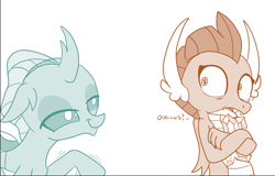 Size: 744x477 | Tagged: safe, artist:sintakhra, character:ocellus, character:smolder, ship:smolcellus, tumblr:studentsix, bedroom eyes, cropped, female, gem, implied shipping, implied smolcellus, interspecies, lesbian, out of context, shocked