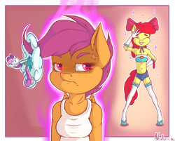 Size: 1325x1067 | Tagged: safe, artist:neko-me, character:apple bloom, character:scootaloo, character:sweetie belle, species:anthro, species:pegasus, species:pony, annoyed, apple bloomers, apple buruma project, armpits, bare shoulders, belly button, breasts, busty apple bloom, busty scootaloo, busty sweetie belle, cleavage, clothing, cloud, cross-popping veins, cutie mark crusaders, dress, ear fluff, evening gloves, eyes closed, female, gloves, long gloves, midriff, older, older apple bloom, older scootaloo, older sweetie belle, on a cloud, one eye closed, only sane mare, size difference, socks, sweat, sweatdrop, tank top, thigh highs, wing fluff, wink