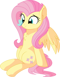 Size: 6106x7875 | Tagged: safe, artist:cyanlightning, character:fluttershy, species:pegasus, species:pony, .svg available, absurd resolution, blushing, butterfly, butterfly on nose, chest fluff, cross-eyed, cute, ear fluff, female, insect on nose, mare, shyabetes, simple background, sitting, smiling, solo, spread wings, transparent background, vector, wing fluff, wings