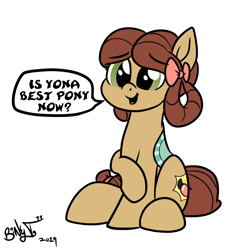 Size: 2000x2000 | Tagged: safe, artist:binkyt11, character:yona, species:pony, episode:she's all yak, g4, my little pony: friendship is magic, best pony, bow, cute, dialogue, female, mare, ponified, pony yona, simple background, solo, species swap, speech bubble, white background, yonadorable