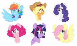 Size: 6582x3984 | Tagged: safe, artist:chub-wub, character:applejack, character:fluttershy, character:pinkie pie, character:rainbow dash, character:rarity, character:twilight sparkle, character:twilight sparkle (alicorn), species:alicorn, species:earth pony, species:pegasus, species:pony, species:unicorn, alternate hairstyle, braid, clothing, cowboy hat, cute, ear piercing, earring, female, hat, jewelry, mane six, mare, piercing, simple background, smiling, white background