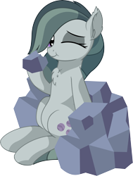 Size: 5668x7491 | Tagged: safe, artist:cyanlightning, character:marble pie, species:earth pony, species:pony, .svg available, :t, absurd resolution, chest fluff, clothing, cute, ear fluff, ear tufts, eating, eyeshadow, female, hoof hold, looking at you, makeup, marblebetes, mare, one eye closed, pica, rock, simple background, sitting, smiling, solo, transparent background, vector, wink