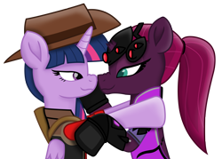 Size: 9695x6952 | Tagged: safe, alternate version, artist:ejlightning007arts, edit, character:tempest shadow, character:twilight sparkle, character:twilight sparkle (alicorn), species:alicorn, species:pony, ship:tempestlight, boop, clothing, cute, female, hat, lesbian, noseboop, overwatch, ponytail, shipping, simple background, team fortress 2, transparent background, twilight sniper, vector, widowmaker, widowtempest