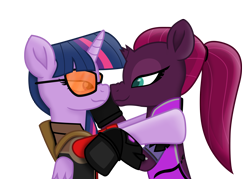 Size: 9695x6952 | Tagged: safe, alternate version, artist:ejlightning007arts, edit, character:tempest shadow, character:twilight sparkle, character:twilight sparkle (alicorn), species:alicorn, species:pony, ship:tempestlight, boop, cute, female, lesbian, noseboop, overwatch, ponytail, shipping, simple background, sunglasses, team fortress 2, transparent background, twilight sniper, vector, widowmaker, widowtempest