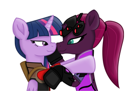 Size: 9695x6952 | Tagged: safe, alternate version, artist:ejlightning007arts, edit, character:tempest shadow, character:twilight sparkle, character:twilight sparkle (alicorn), species:alicorn, species:pony, ship:tempestlight, boop, cute, female, lesbian, noseboop, overwatch, ponytail, shipping, simple background, team fortress 2, transparent background, twilight sniper, vector, widowmaker, widowtempest