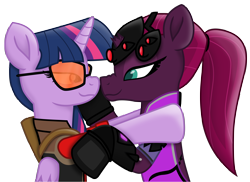 Size: 10391x7583 | Tagged: safe, alternate version, artist:ejlightning007arts, edit, character:tempest shadow, character:twilight sparkle, character:twilight sparkle (alicorn), species:alicorn, species:pony, ship:tempestlight, boop, cute, female, lesbian, noseboop, overwatch, ponytail, shipping, simple background, team fortress 2, transparent background, twilight sniper, vector, widowmaker, widowtempest