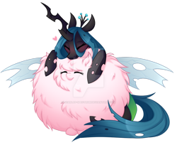 Size: 900x734 | Tagged: safe, artist:scarlet-spectrum, character:queen chrysalis, oc, oc:fluffle puff, blushing, cuddling, cute, cutealis, deviantart watermark, duo, eyes closed, heart, obtrusive watermark, simple background, smiling, speedpaint available, transparent background, watermark