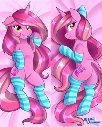 Size: 2832x3501 | Tagged: safe, artist:xwhitedreamsx, oc, oc only, oc:candy heart, species:pony, species:unicorn, bedroom eyes, body pillow, body pillow design, butt, clothing, commission, female, high res, mare, plot, smiling, socks, solo, stockings, striped socks, thigh highs
