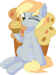 Size: 5523x7436 | Tagged: safe, artist:cyanlightning, character:derpy hooves, species:pegasus, species:pony, .svg available, :t, absurd resolution, chest fluff, cute, dawwww, derpabetes, ear fluff, ear tufts, eating, eyeshadow, female, food, hoof hold, looking at you, makeup, mare, muffin, one eye closed, simple background, sitting, smiling, solo, that pony sure does love muffins, transparent background, vector, wink