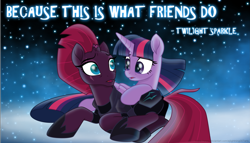 Size: 6797x3889 | Tagged: safe, artist:ejlightning007arts, character:tempest shadow, character:twilight sparkle, character:twilight sparkle (alicorn), species:alicorn, species:pony, species:unicorn, ship:tempestlight, my little pony: the movie (2017), armor, beautiful, blue background, broken horn, female, horn, lesbian, looking at each other, night, quote, shipping, simple background, stars, wallpaper