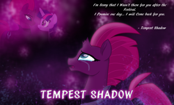 Size: 6448x3899 | Tagged: safe, artist:ejlightning007arts, character:tempest shadow, character:twilight sparkle, character:twilight sparkle (alicorn), species:alicorn, species:pony, ship:tempestlight, broken horn, crying, emotional, female, horn, implied lesbian, implied shipping, lesbian, quote, sad, shipping, teary eyes, wallpaper