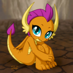 Size: 1200x1200 | Tagged: safe, artist:uotapo, character:smolder, species:dragon, episode:sweet and smoky, g4, my little pony: friendship is magic, season 8, blushing, claws, cute, dragoness, female, folded wings, horns, innocent, looking at you, sitting, smiling, smolderbetes, solo, teenaged dragon, teenager, toes, uotapo is trying to murder us, weapons-grade cute