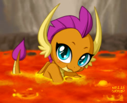 Size: 1200x980 | Tagged: safe, alternate version, artist:uotapo, character:smolder, species:dragon, episode:sweet and smoky, g4, my little pony: friendship is magic, blushing, cute, dragoness, female, lava, lava bathing, looking at you, sitting, smiling, smolderbetes, solo, uotapo is trying to murder us