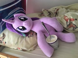 Size: 4032x3024 | Tagged: safe, artist:nekokevin, character:starlight glimmer, species:pony, species:unicorn, series:nekokevin's glimmy, bed, bedsheets, female, food, ice cream, irl, looking at you, mare, masturbation, photo, pillow, plushie, safety goggles, smiling, totally legit recap