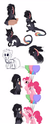 Size: 1920x4755 | Tagged: safe, artist:little-sketches, character:pinkie pie, oc, oc:ayaka, species:draconequus, species:pony, alternate design, balloon, draconequus oc, eye clipping through hair, female, floating, then watch her balloons lift her up to the sky