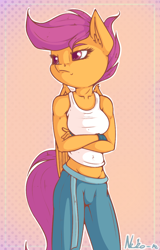 Size: 766x1200 | Tagged: safe, artist:neko-me, character:scootaloo, species:anthro, species:pegasus, species:pony, apple bloomers, apple buruma project, breasts, busty scootaloo, clothing, crossed arms, female, fingerless gloves, gloves, midriff, older, older scootaloo, solo, tank top