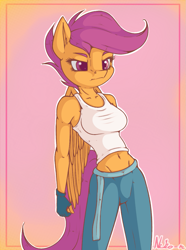 Size: 891x1200 | Tagged: safe, artist:neko-me, character:scootaloo, species:anthro, species:pegasus, species:pony, apple bloomers, apple buruma project, belly button, breasts, busty scootaloo, clothing, female, fingerless gloves, gloves, midriff, older, older scootaloo, solo, tank top