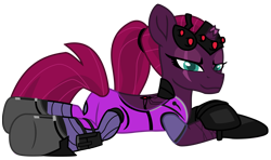 Size: 10986x6502 | Tagged: safe, alternate version, artist:ejlightning007arts, edit, character:tempest shadow, species:pony, species:unicorn, my little pony: the movie (2017), absurd resolution, anna sroka-hryń, boots, broken horn, clothing, crossover, eye scar, female, gloves, headset, horn, looking at you, mare, overwatch, ponytail, scar, shoes, skinsuit, solo, visor, voice actor joke, widowmaker, widowtempest