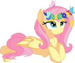 Size: 7038x5882 | Tagged: safe, artist:cyanlightning, character:fluttershy, species:pegasus, species:pony, .svg available, absurd resolution, butterfly, canvas, chest fluff, cute, female, floral head wreath, flower, flower in hair, folded wings, mare, prone, shyabetes, simple background, sitting, solo, transparent background, vector, wings