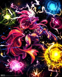 Size: 1600x2000 | Tagged: safe, artist:kp-shadowsquirrel, character:fizzlepop berrytwist, character:tempest shadow, species:pony, species:unicorn, abstract background, eye scar, female, fizzlepop's fireworks, scar, signature, solo