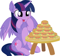 Size: 6655x6224 | Tagged: safe, artist:cyanlightning, character:twilight sparkle, character:twilight sparkle (alicorn), species:alicorn, species:pony, .svg available, absurd resolution, blushing, burger, cute, ear fluff, eating, female, food, hay burger, mare, open mouth, simple background, sitting, solo, table, that pony sure does love burgers, this will end in weight gain, transparent background, twiabetes, twilight burgkle, vector