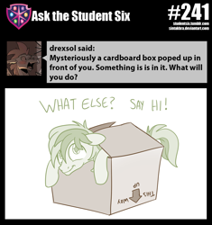 Size: 800x852 | Tagged: safe, artist:sintakhra, character:sandbar, species:earth pony, species:pony, tumblr:studentsix, behaving like a cat, box, cardboard box, colored pupils, cute, floppy ears, looking at you, looking up, male, partial color, pony in a box, sandabetes, silly, silly pony, simple background, smiling, solo, stallion, text, white background