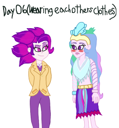 Size: 1636x1763 | Tagged: safe, artist:ktd1993, character:princess celestia, character:principal celestia, character:queen novo, ship:novolestia, my little pony:equestria girls, blushing, clothes swap, equestria girls-ified, female, lesbian, shipping