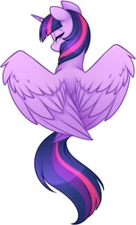 Size: 845x1388 | Tagged: safe, artist:scarlet-spectrum, character:twilight sparkle, character:twilight sparkle (alicorn), species:alicorn, species:pony, bust, cropped, cute, facing away, female, lidded eyes, looking at you, looking back, looking back at you, mare, rear view, simple background, solo, spread wings, twiabetes, white background, wing fluff, wings