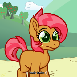 Size: 2000x2000 | Tagged: safe, artist:binkyt11, character:babs seed, species:earth pony, species:pony, episode:one bad apple, g4, my little pony: friendship is magic, caption, female, filly, freckles, meme, scene interpretation, solo, tree, youtube caption