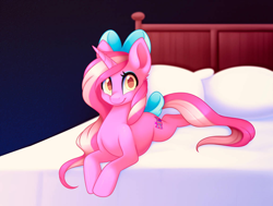 Size: 1028x777 | Tagged: safe, artist:scarlet-spectrum, oc, oc only, oc:candy heart, species:pony, species:unicorn, bed, bow, cute, female, hair bow, looking at you, lying down, mare, pillow, solo, tail bow, white sheets
