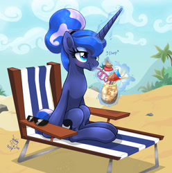 Size: 2392x2413 | Tagged: safe, artist:joakaha, character:princess luna, species:alicorn, species:pony, episode:between dark and dawn, g4, my little pony: friendship is magic, alternate hairstyle, beach, beach chair, cute, drink, drink umbrella, drinking, female, food, lunabetes, magic, mare, palm tree, pineapple, pineapple cup, silly straw, sitting, solo, telekinesis, tree