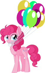 Size: 5077x8207 | Tagged: safe, artist:cyanlightning, character:pinkie pie, species:earth pony, species:pony, .svg available, absurd resolution, balloon, chest fluff, clothing, cute, diapinkes, ear fluff, female, hat, looking at you, mare, mouth hold, simple background, smiling, solo, transparent background, vector